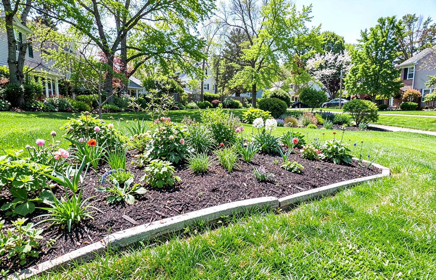 Freshly mulched garden bed and green lawn on a Long Island spring morning